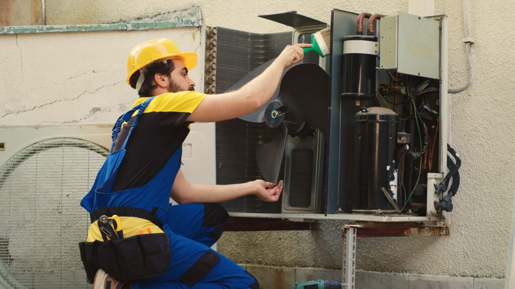 HVAC technician cleaning an outdoor AC unit blower fan during air conditioner repair service